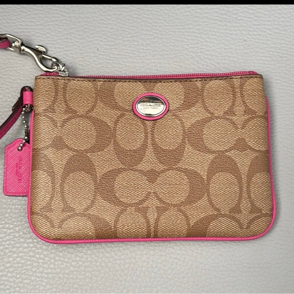 Coach Signature Tan and Pink Wristlet
